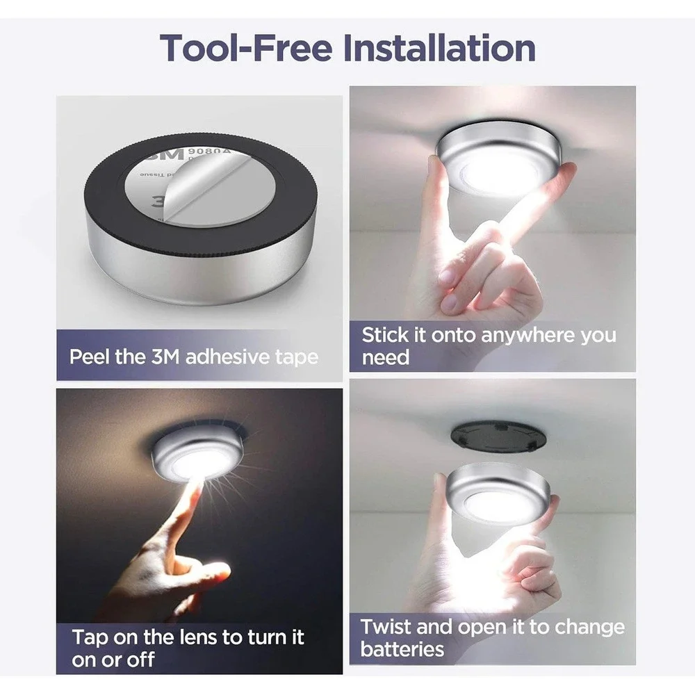 5 Pack LED Battery-Powered Stick-on Push Night Light Buttons, Silver